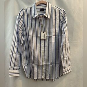Untuckit Pinot Perse Long Sleeve Button Down Shirt Blue & White Stripe
